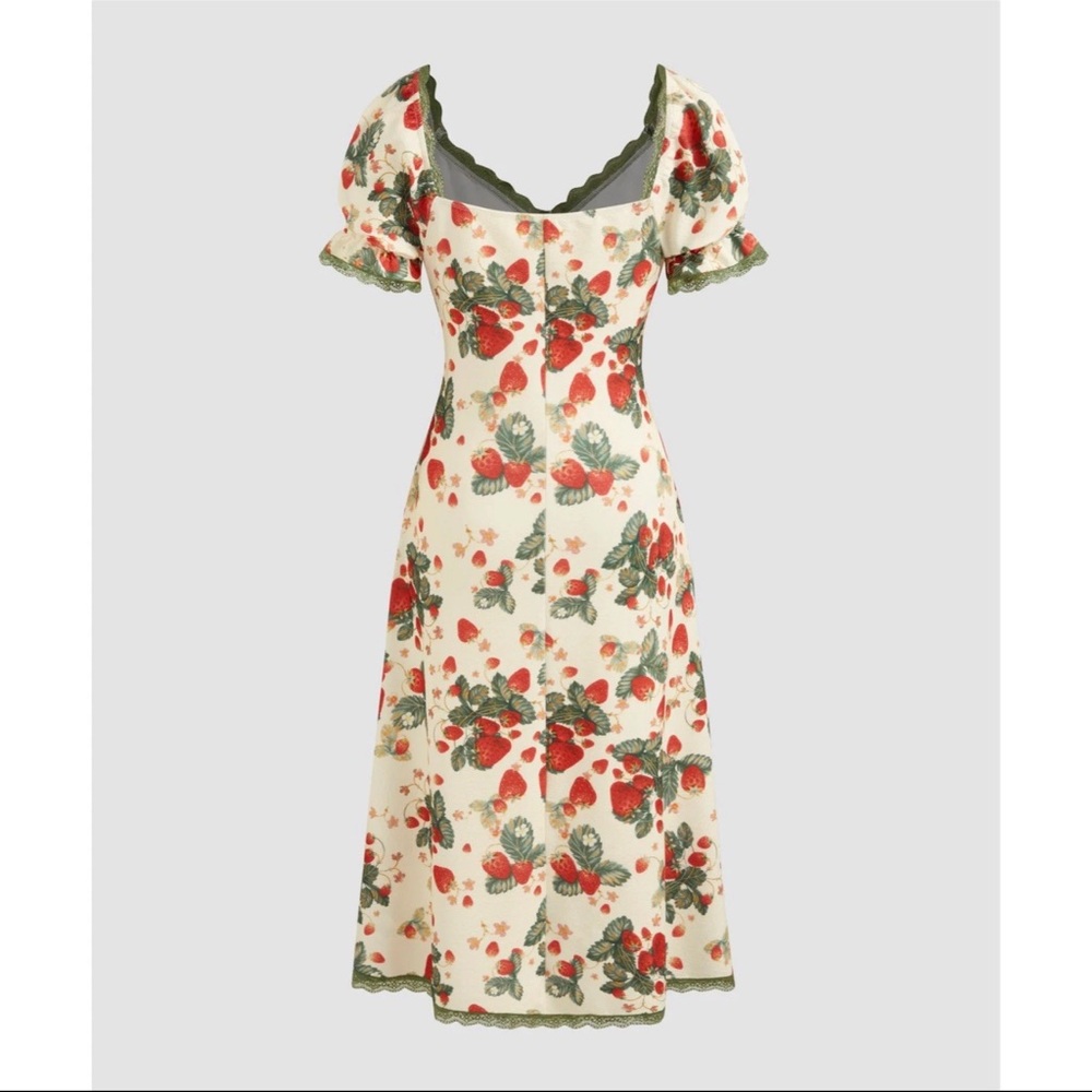 Cider Strawberry Floral Lace Trim Bow Midi Dress Fairy Cottagecore Coquette NEW! - Picture 6 of 16